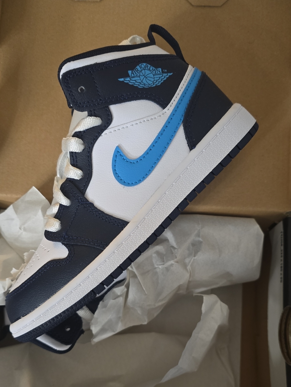 Nike Kids Air Jordan Mid Top Sneakers in White, Navy, Blue